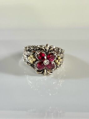 Barbara Bixby 925 Silver & 18k Gold Garnet Flower Ring